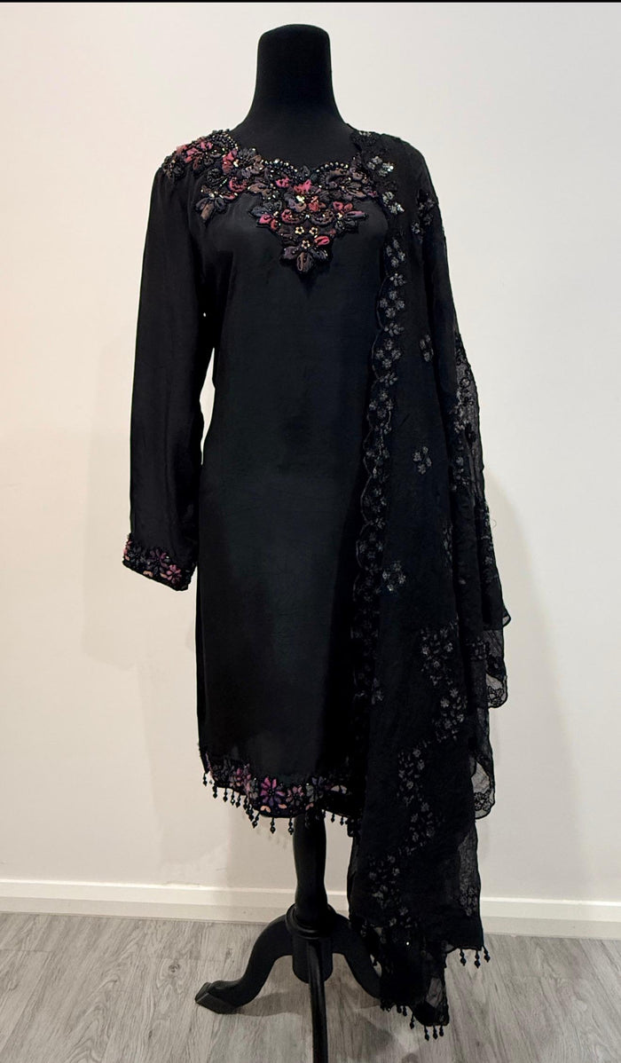 The Noir Elegance: 3-Piece Black Silk & Embroidered Net Ensemble